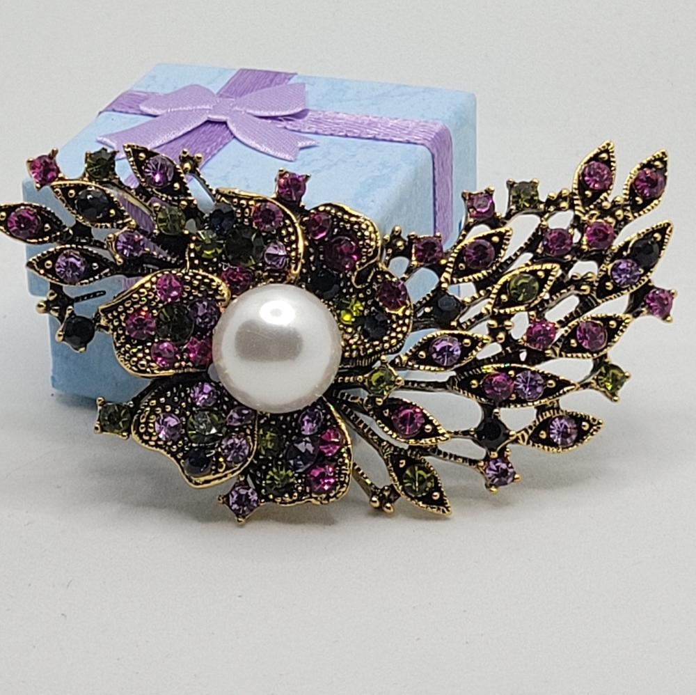 Multi color flower cz stone and Beats work Brooch pin 7cm long and 3cm wide pin